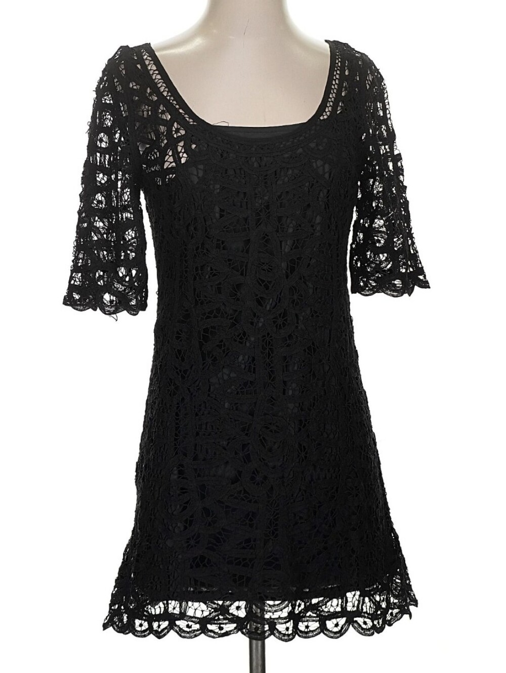 Soft Surroundings Black Crochet Lace Short Sleeve Sheath Mini Dress XS